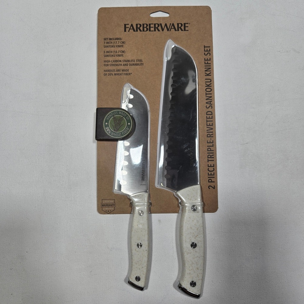 Farberware Santoku Knife Set 7in 5in Cream 2pc Triple Riveted Stainless Steel